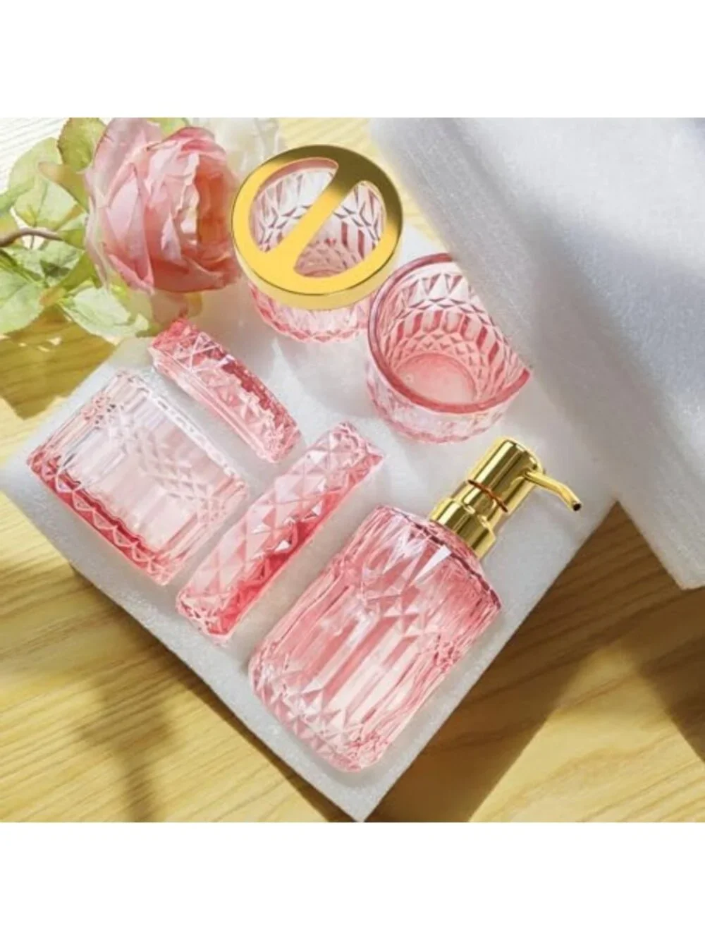 5-Piece Pink Bathroom Accessories Set - Modern Glass Decor, Soap Dispenser